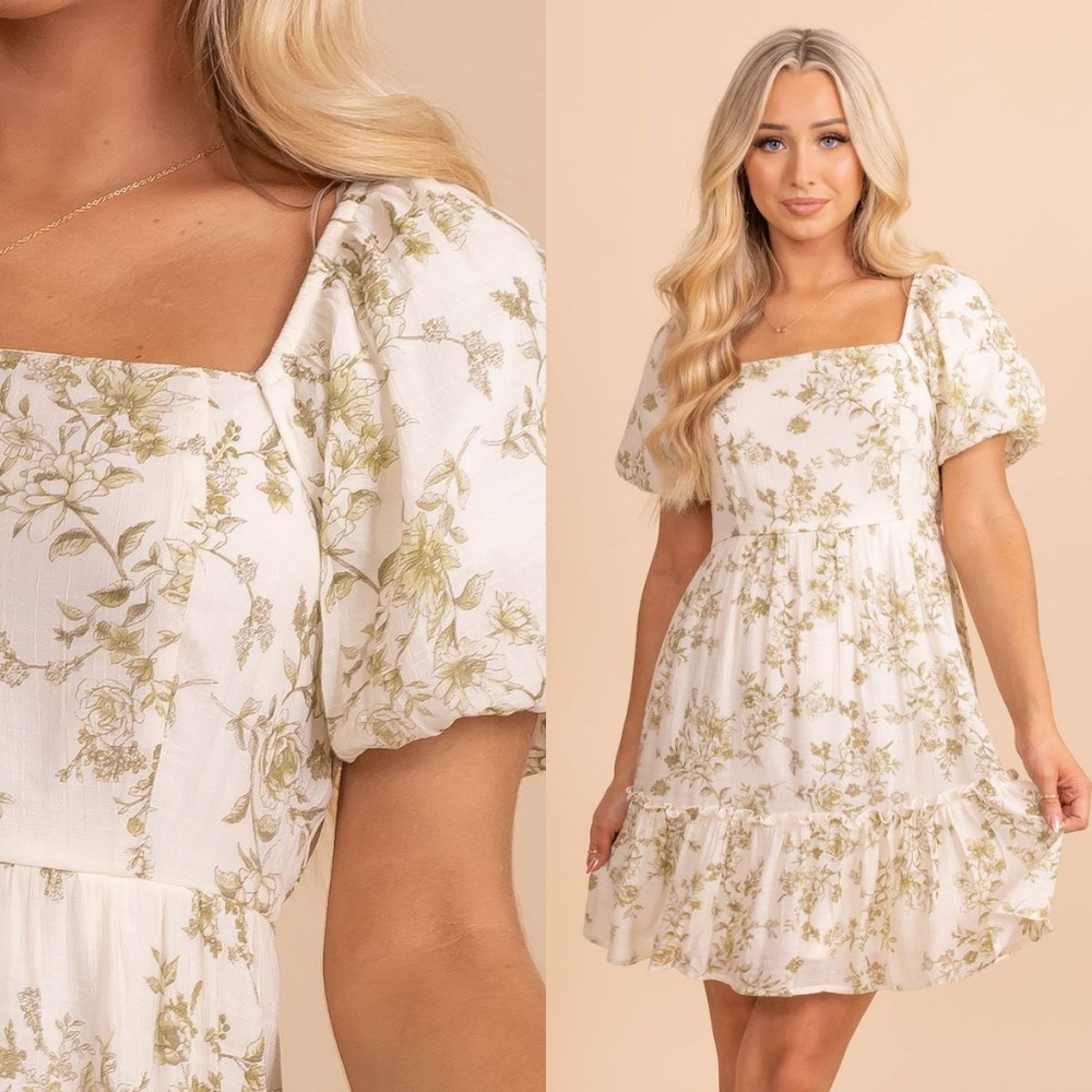 Blu Pepper Modest Square Neck Puff Sleeve White Green Toile Floral Mini Dress L